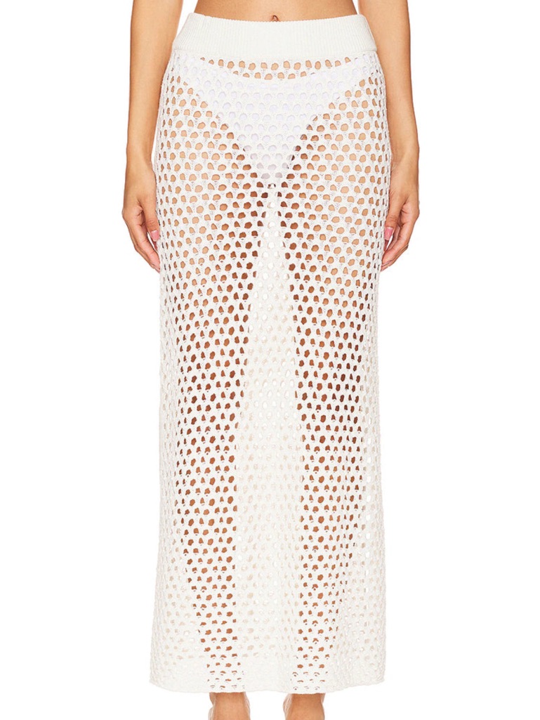 Lna Cream Crochet Midi Skirt With Rib Waistband